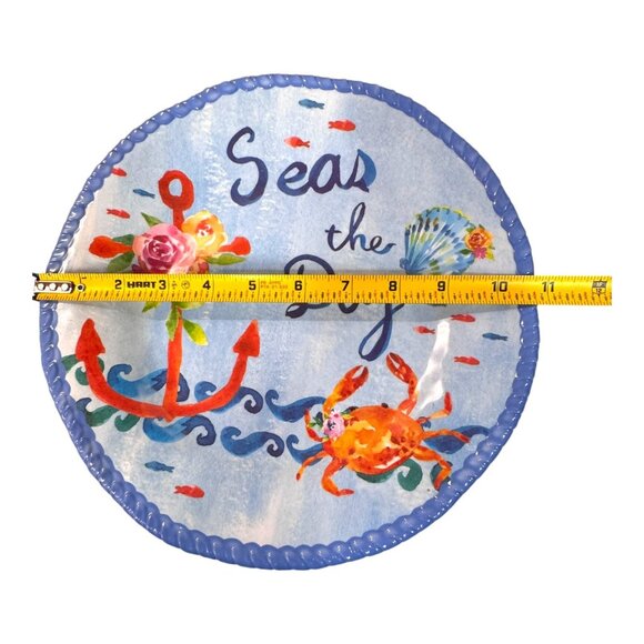 Seas The Day Nautical Melamine Plate 10" Round Blue Red Crab Anchor Beach House - Picture 6 of 7